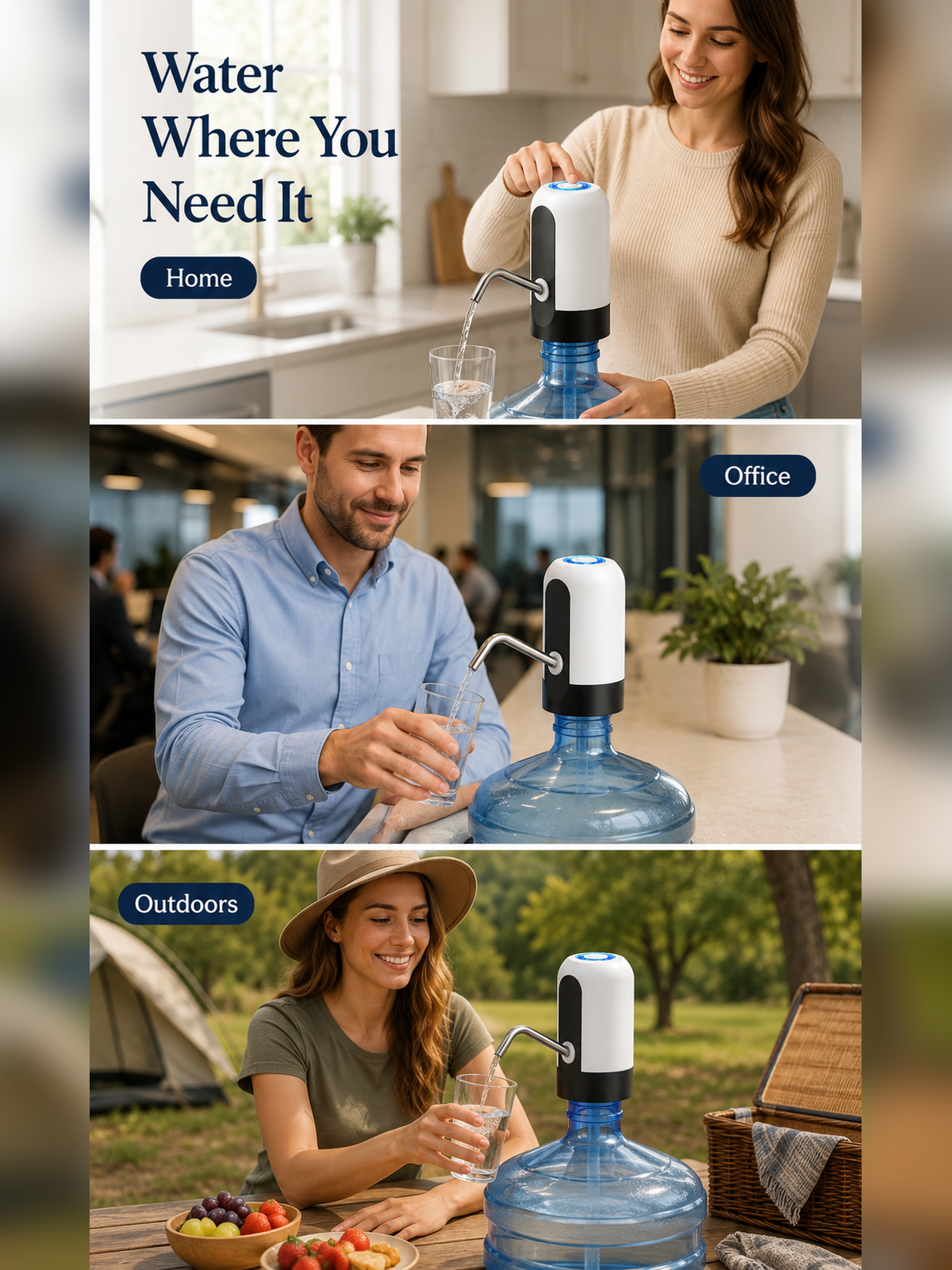 EasyPour Pump use cases for home office and outdoors