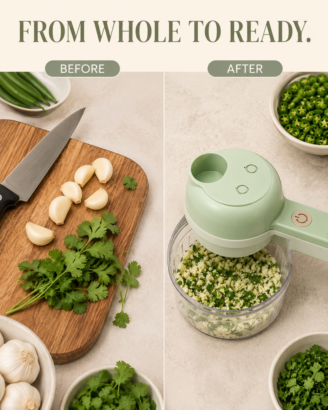 4 in 1 Electric Vegetable Cutter before and after prep effect