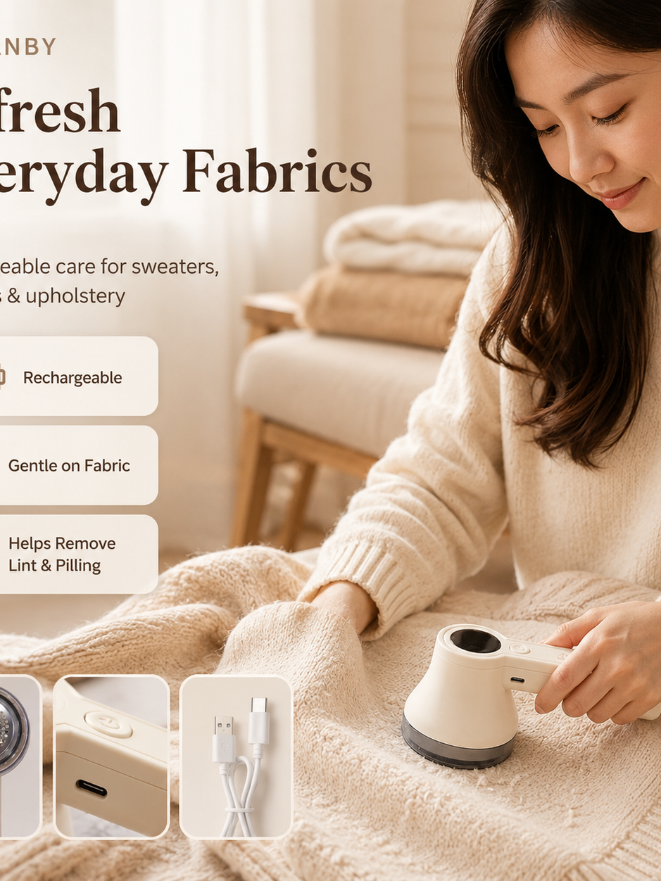 Woman using GOMANBY Fabric Renew Shaver on a knit sweater