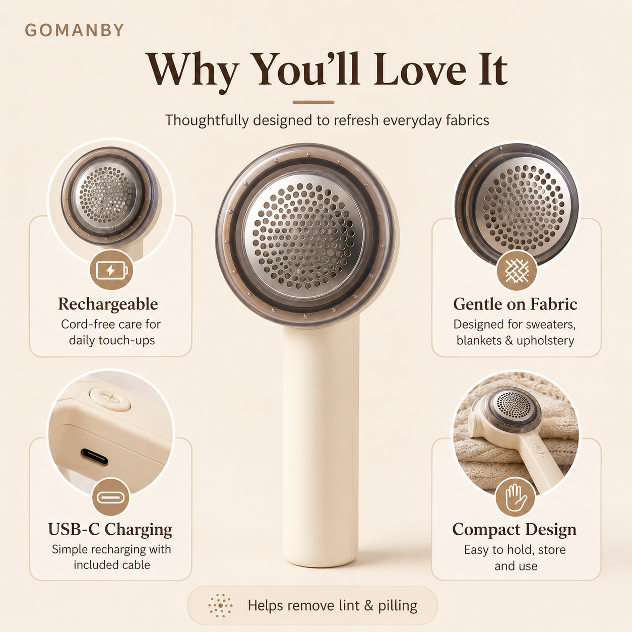 Fabric Renew Shaver feature guide showing rechargeable use, fabric care, USB-C charging and compact design