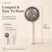 Fabric Renew Shaver approximate 15 cm size guide and included USB charging cable