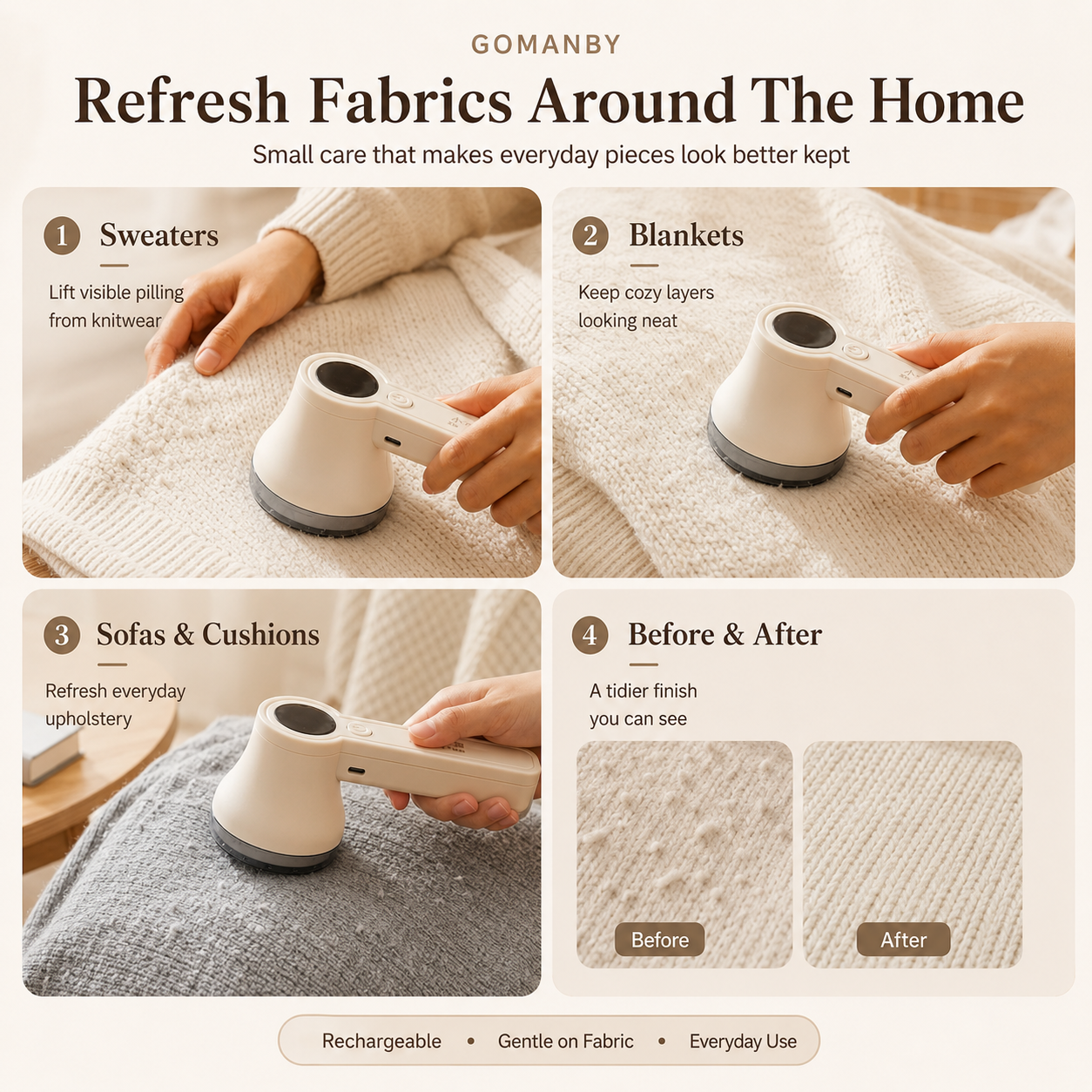 Fabric Renew Shaver use cases for sweaters, blankets, sofas and visible pilling
