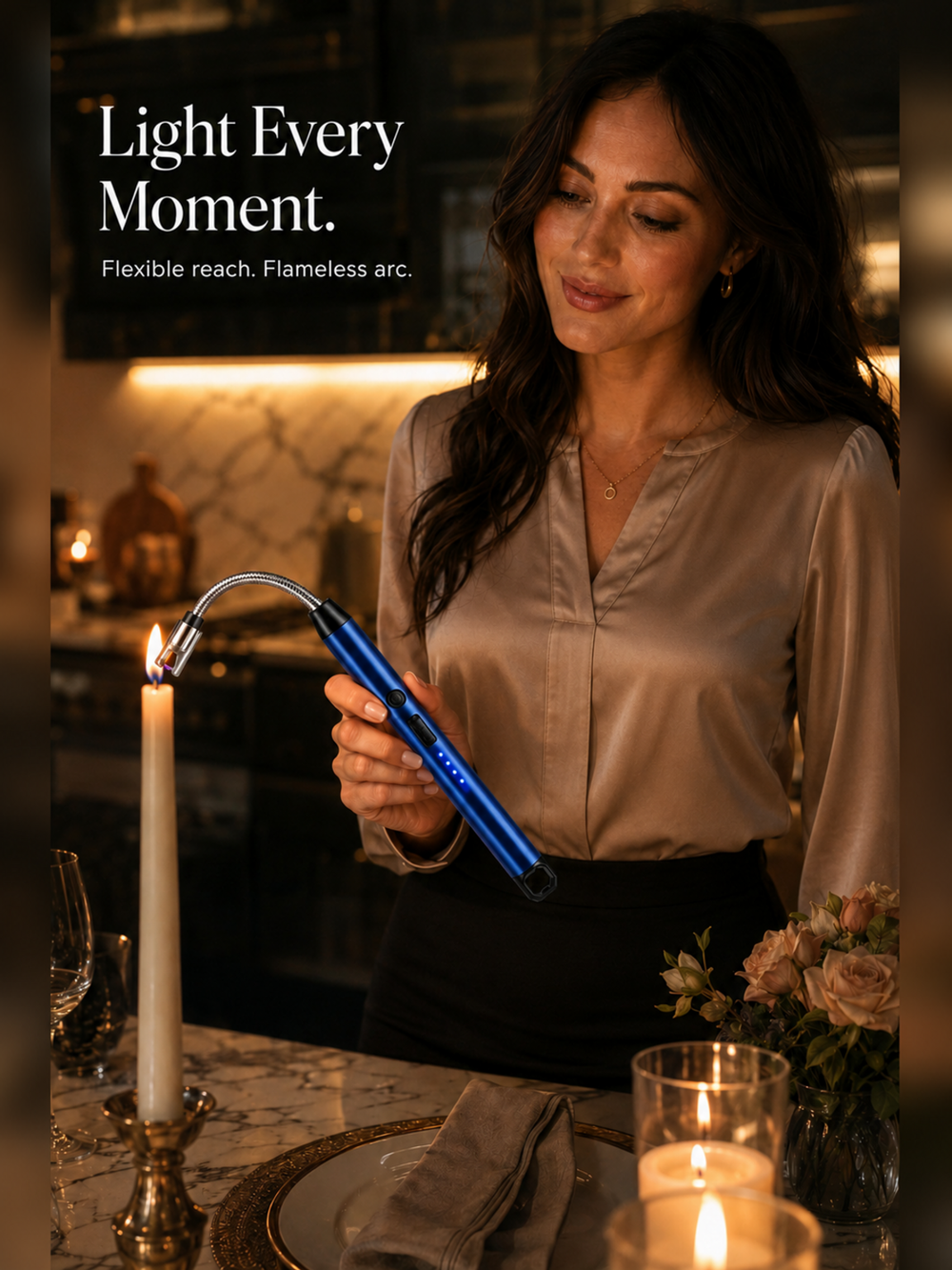 Woman in a modest blouse using the blue FlexArc Lighter to light a candle