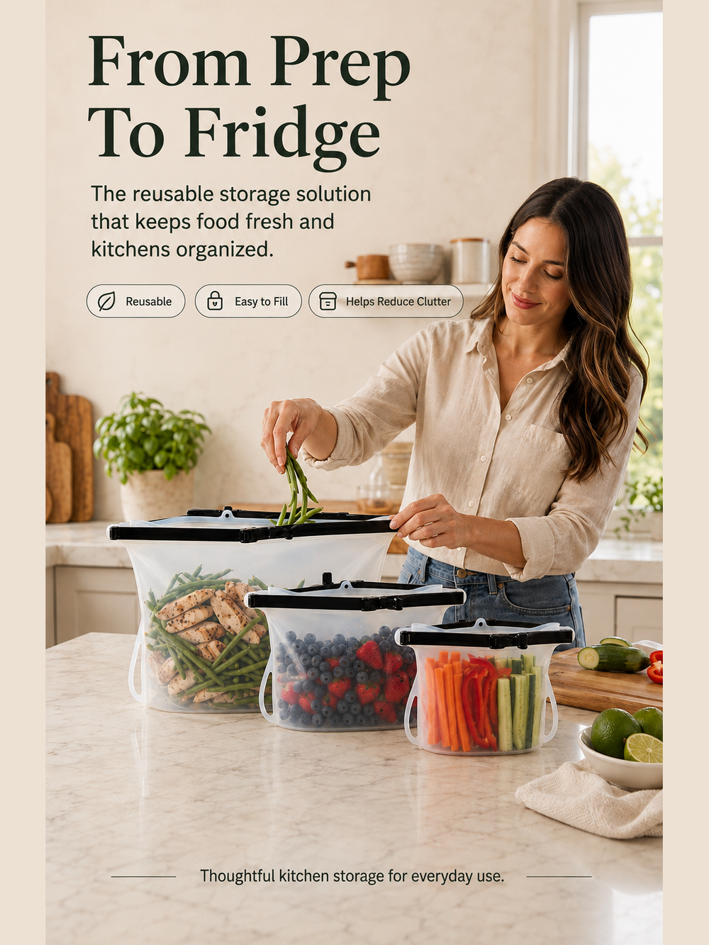 Woman using GOMANBY Fresh Keep Bags for everyday food prep
