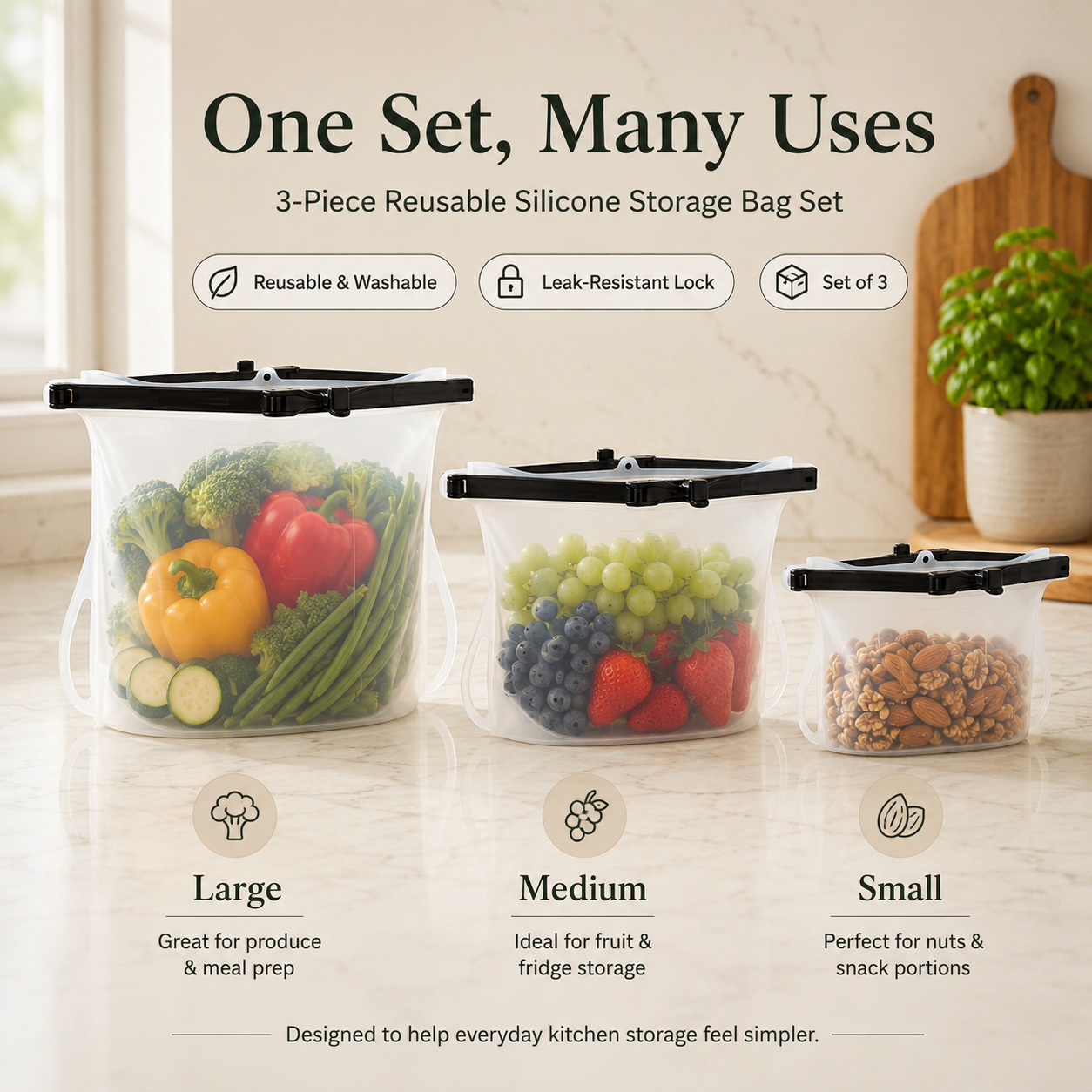 Fresh Keep Bags three-piece size guide for produce, fruit and snacks