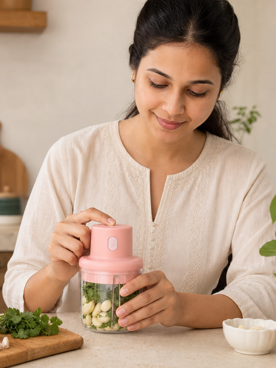 Woman using the GOMANBY 250 ml USB rechargeable mini chopper to prepare garlic and herbs