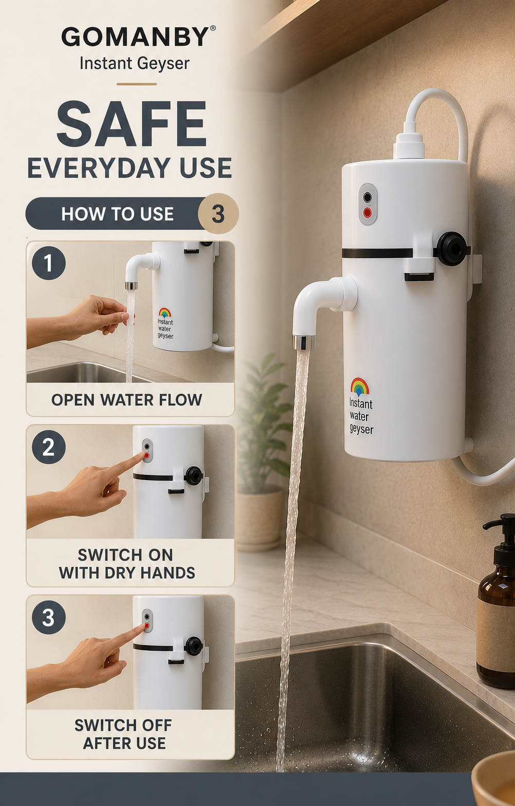 Safe everyday use steps for Instant Geyser