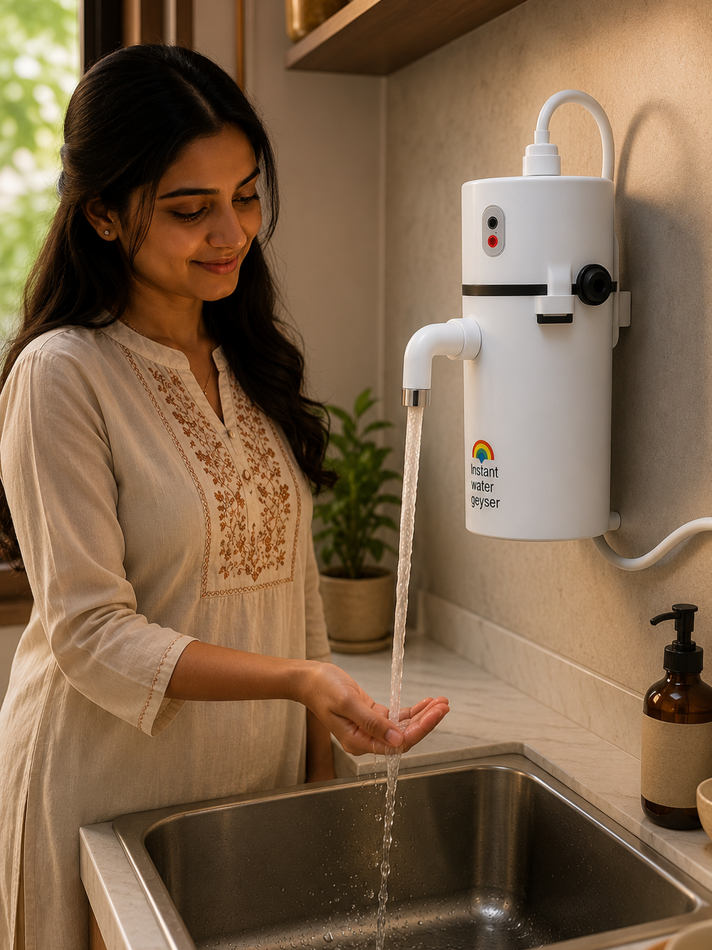Woman safely using GOMANBY Instant Geyser at a kitchen sink