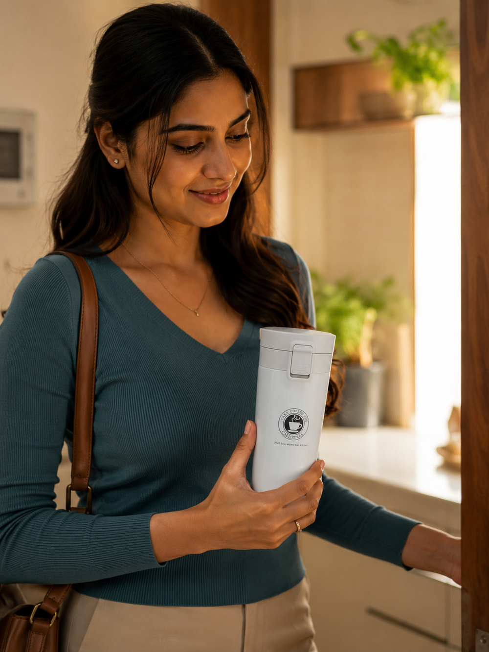 Woman carrying GOMANBY Insulation Cup in a warm modern home