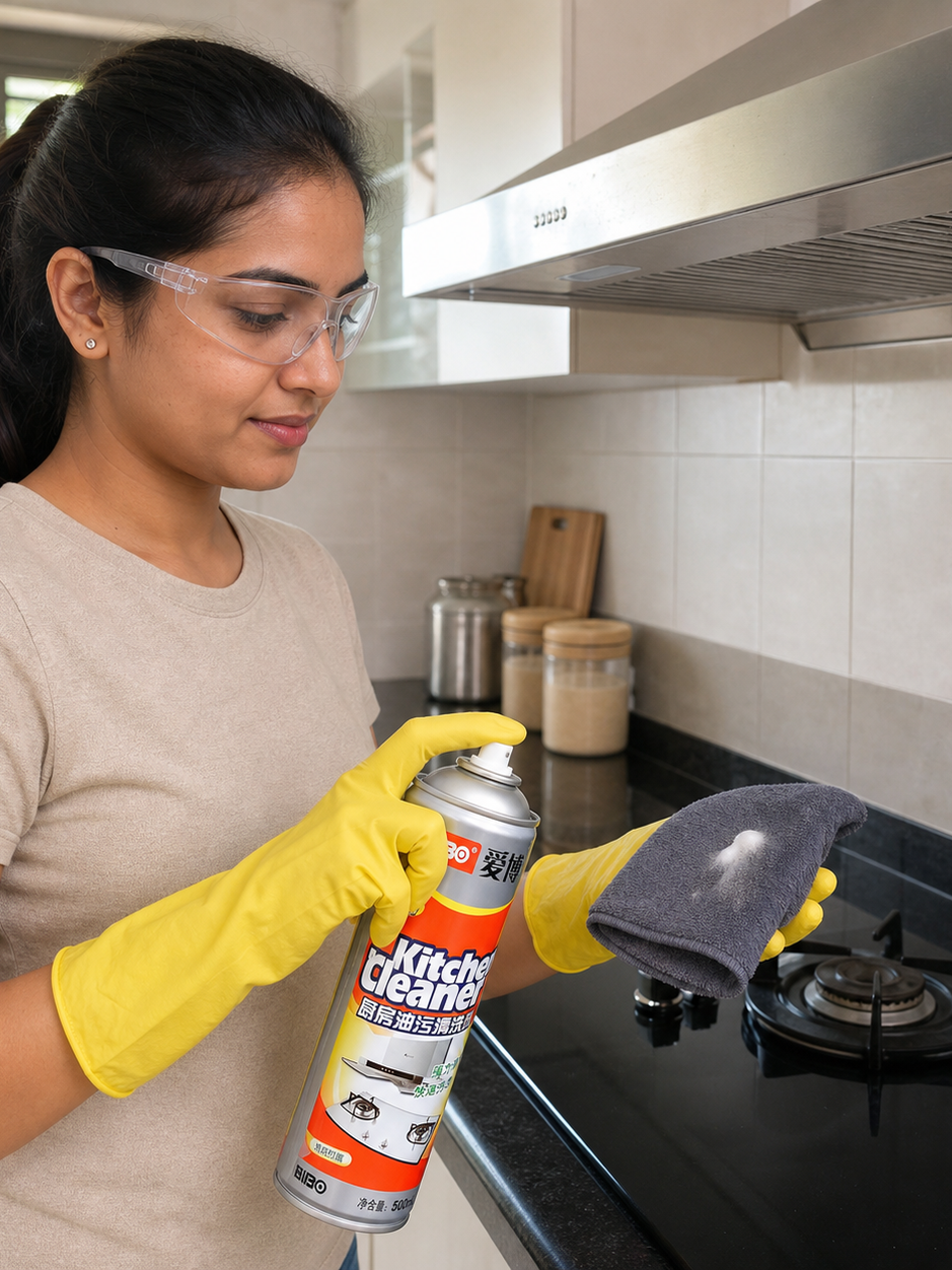 Woman wearing gloves and eye protection while applying GOMANBY kitchen degreasing cleaner to a cloth