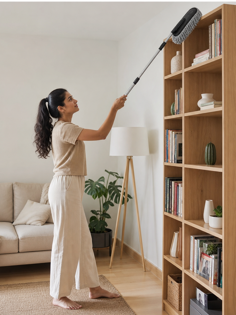 Woman using the GOMANBY extendable microfiber duster to clean the top of a tall bookshelf