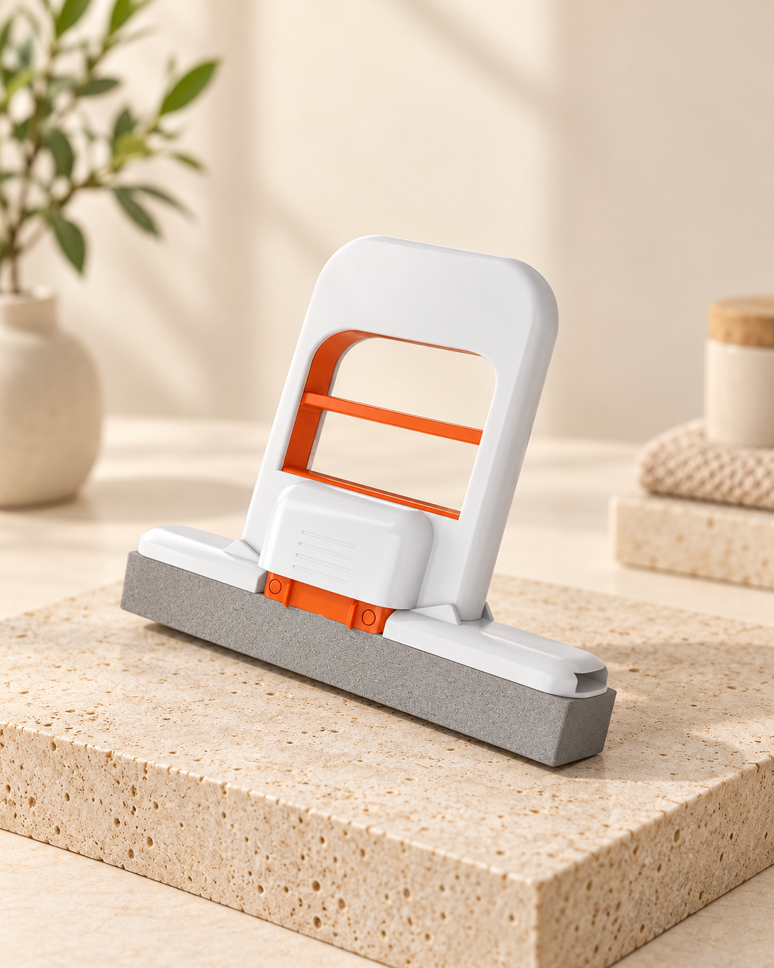 GOMANBY Smart Squeeze Mop premium product hero showing the compact white and orange foldable desktop mop