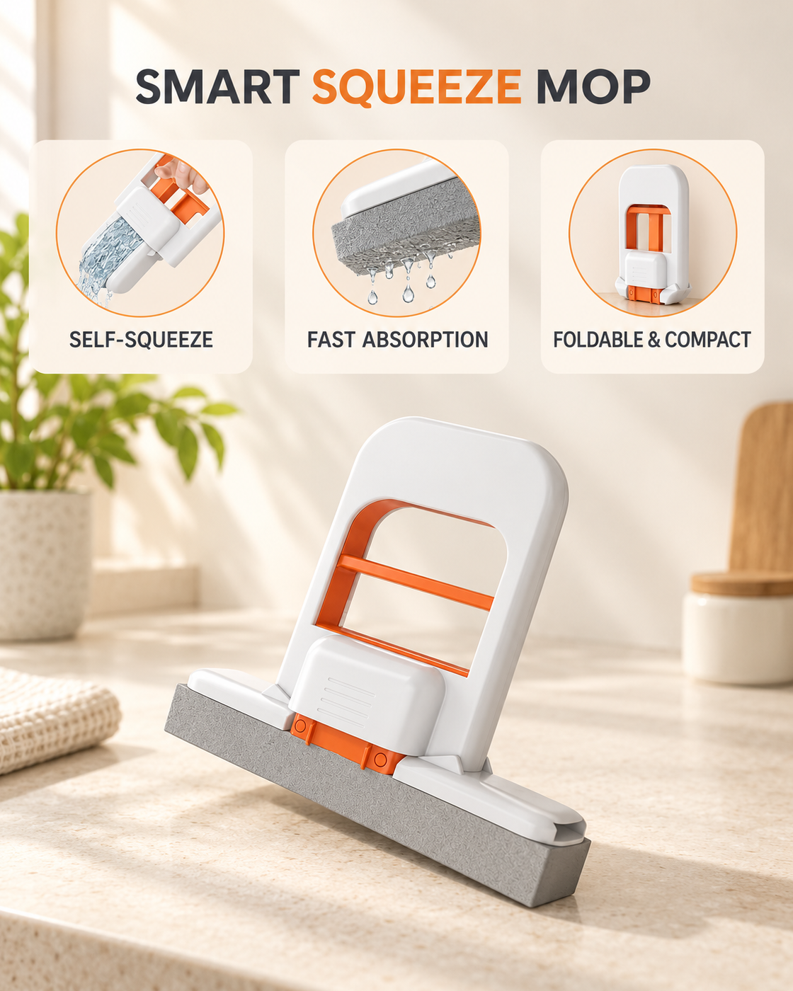 GOMANBY Smart Squeeze Mop main benefits including compact folding, self squeezing and absorbent cleaning