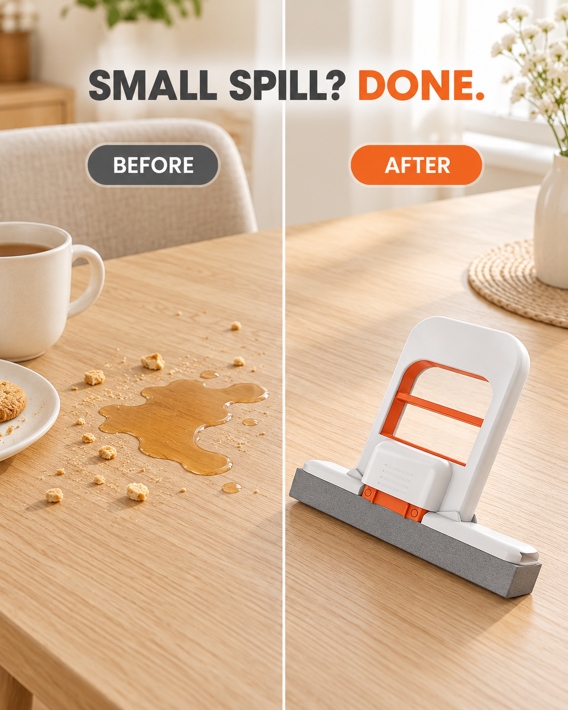 Before and after cleaning a small spill with the GOMANBY Smart Squeeze Mop
