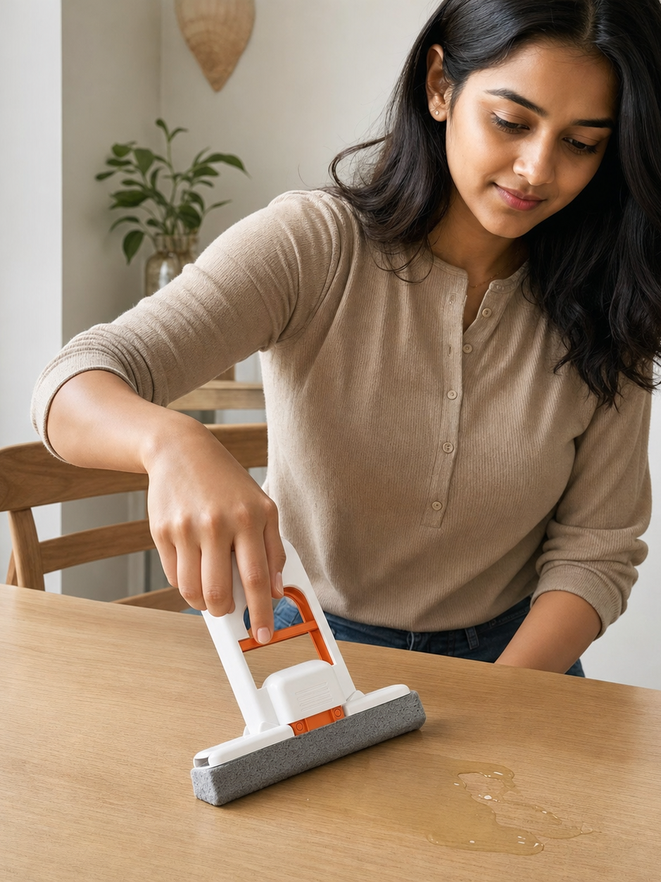 Woman using the GOMANBY foldable self-squeeze mini mop to wipe a small water spill from a wood table