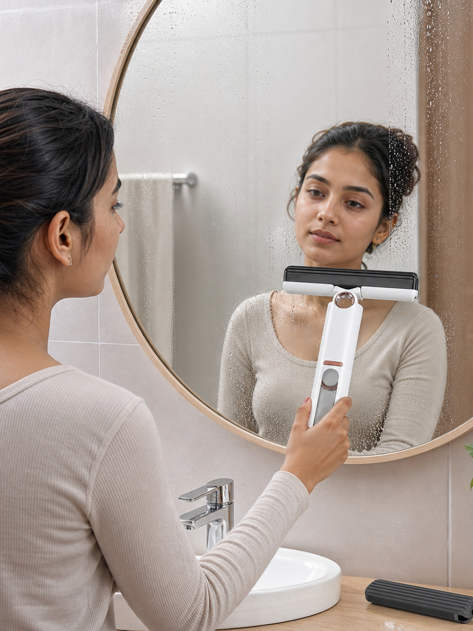 Woman using the GOMANBY handheld squeeze mop to remove water droplets from a bathroom mirror