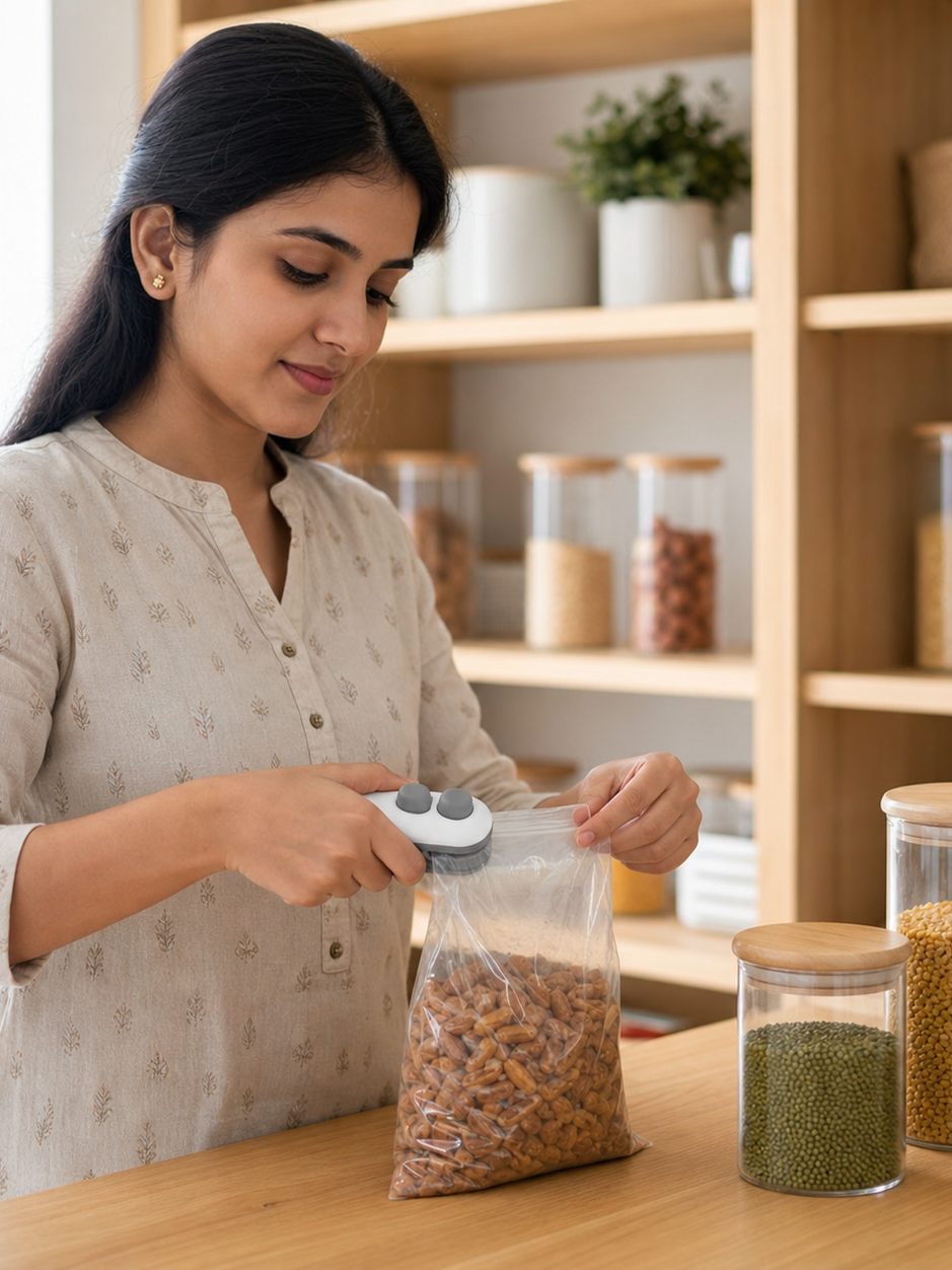 Woman using the GOMANBY USB rechargeable mini bag sealer on an open pantry pouch