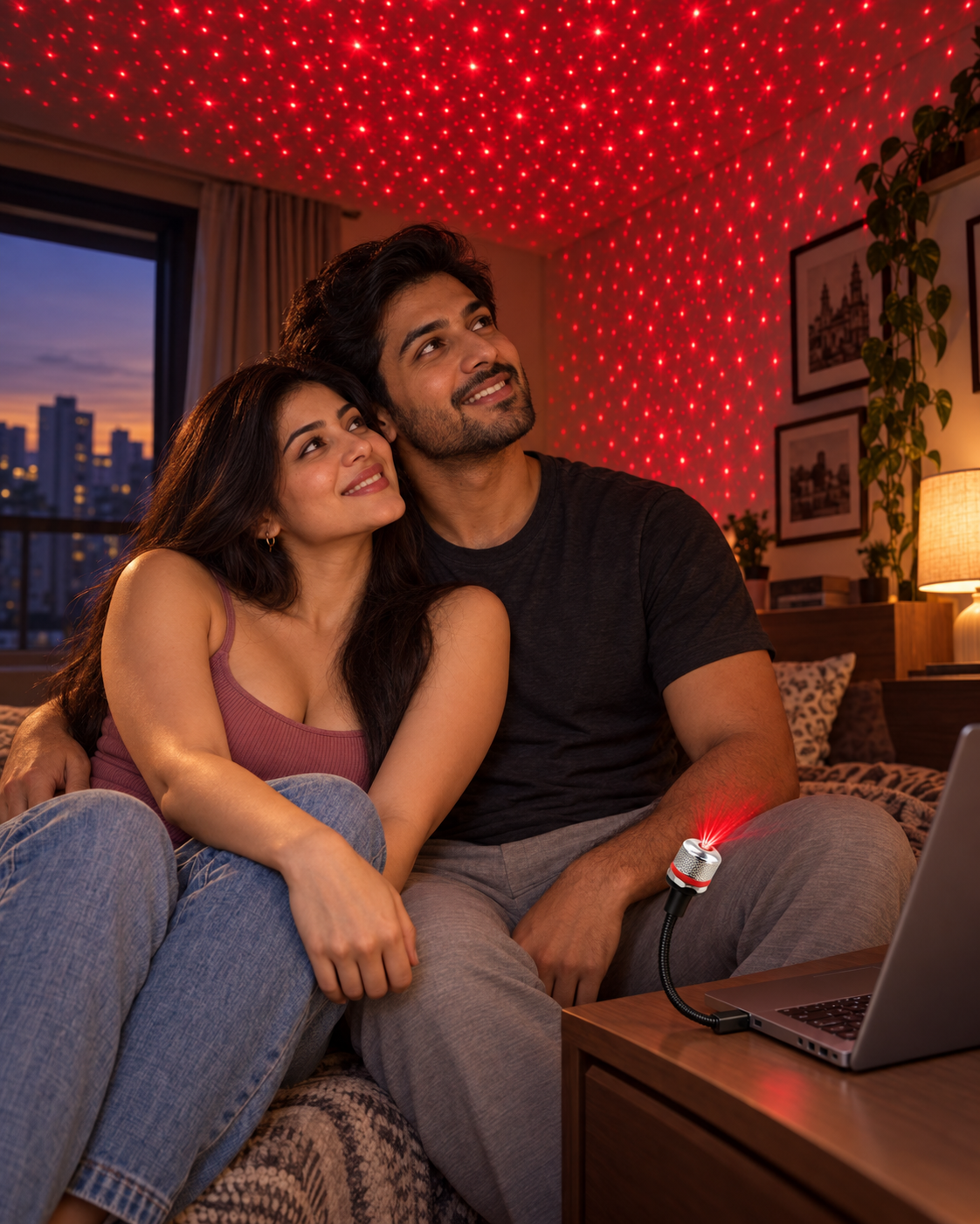 Couple enjoying the flexible USB red projection light at home