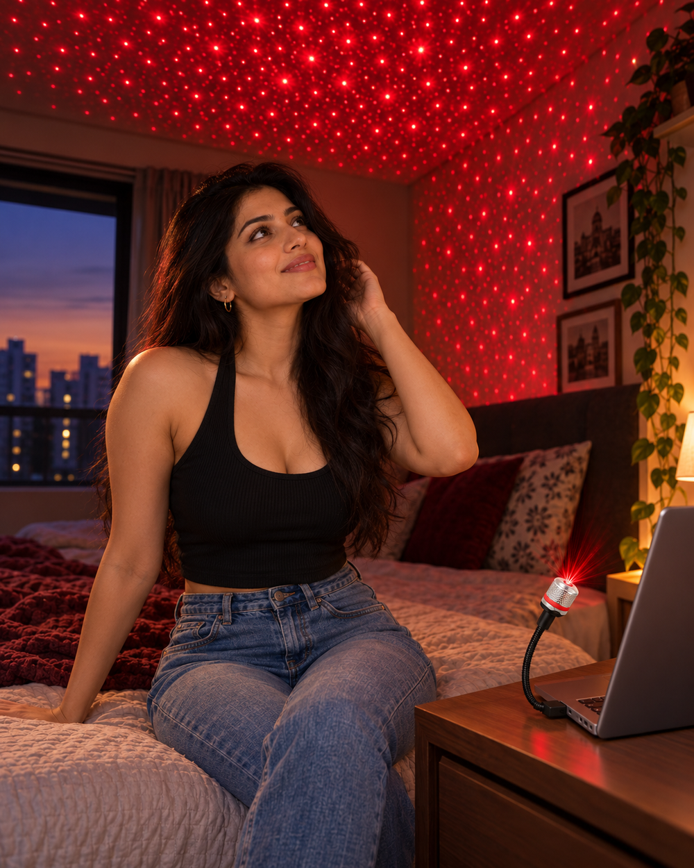 Woman enjoying the flexible USB red projection light in a bedroom