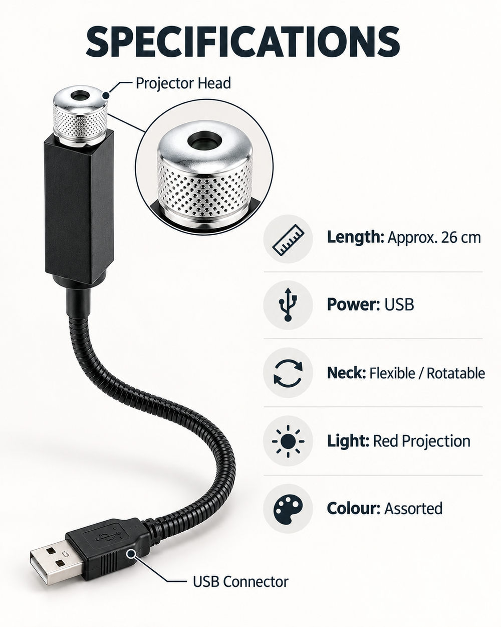 Flexible USB red projection light specifications and 26 cm size