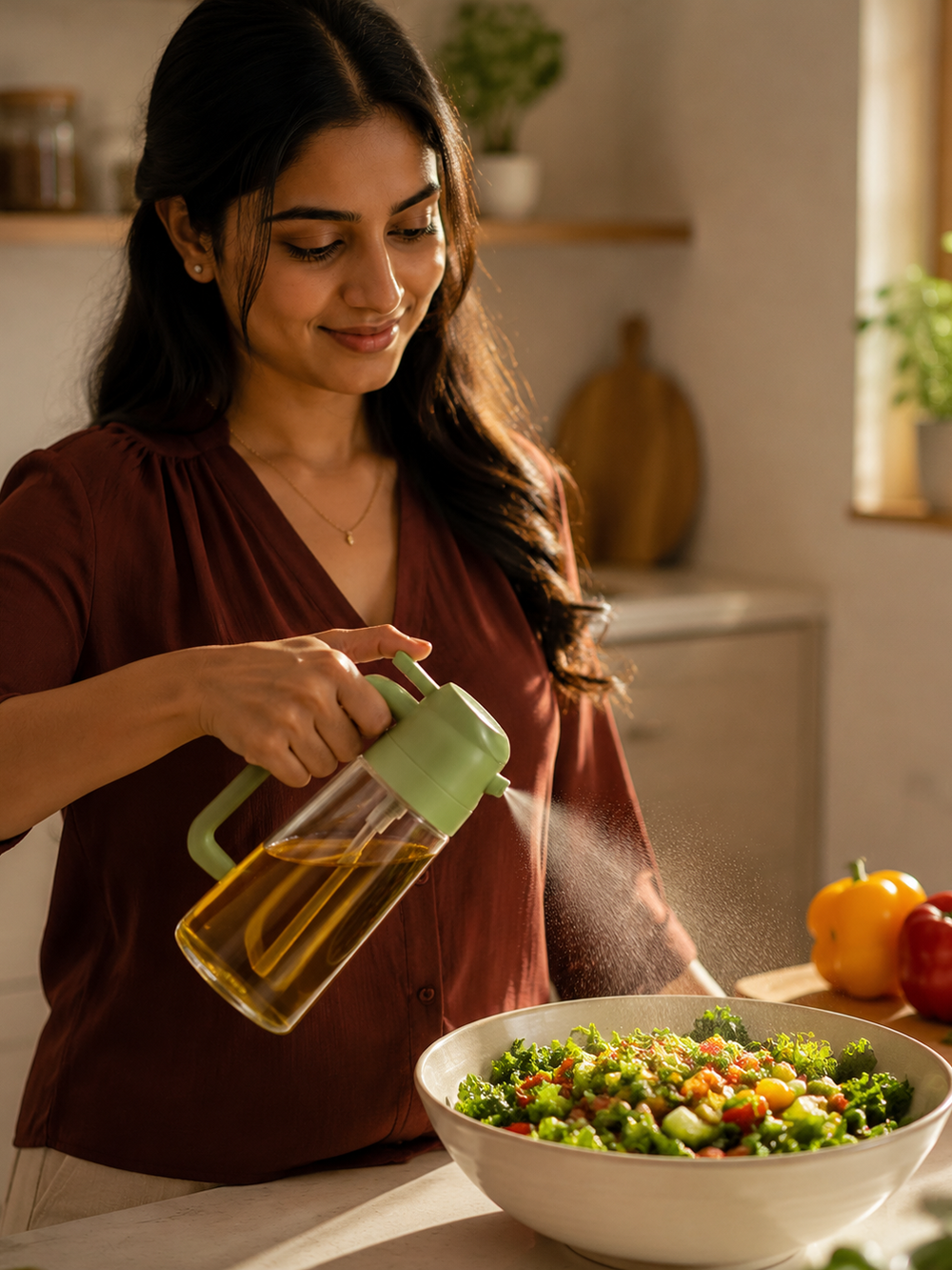 Woman using GOMANBY Oil Sprayer Bottle in a warm modern kitchen