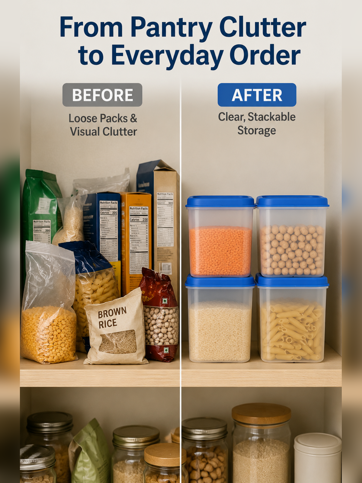 Before and after pantry organization with Pantry Seal Set containers