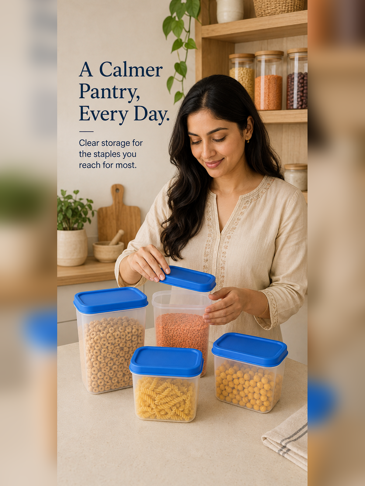 Woman organizing dry food with the four-piece Pantry Seal Set