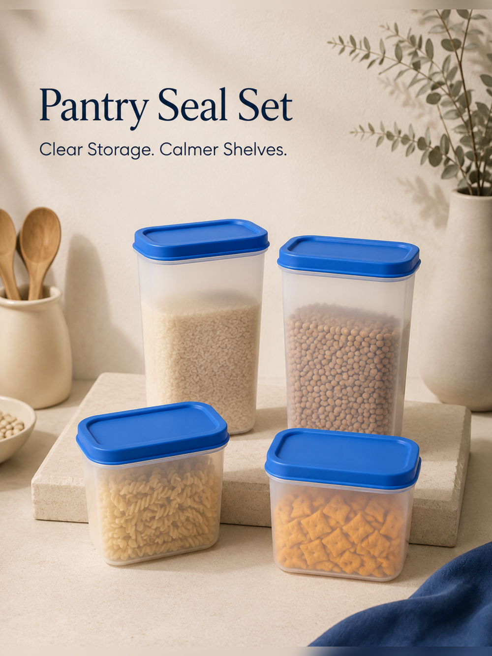 Premium hero of four Pantry Seal Set containers with blue lids