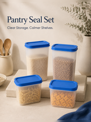 Premium hero of four Pantry Seal Set containers with blue lids