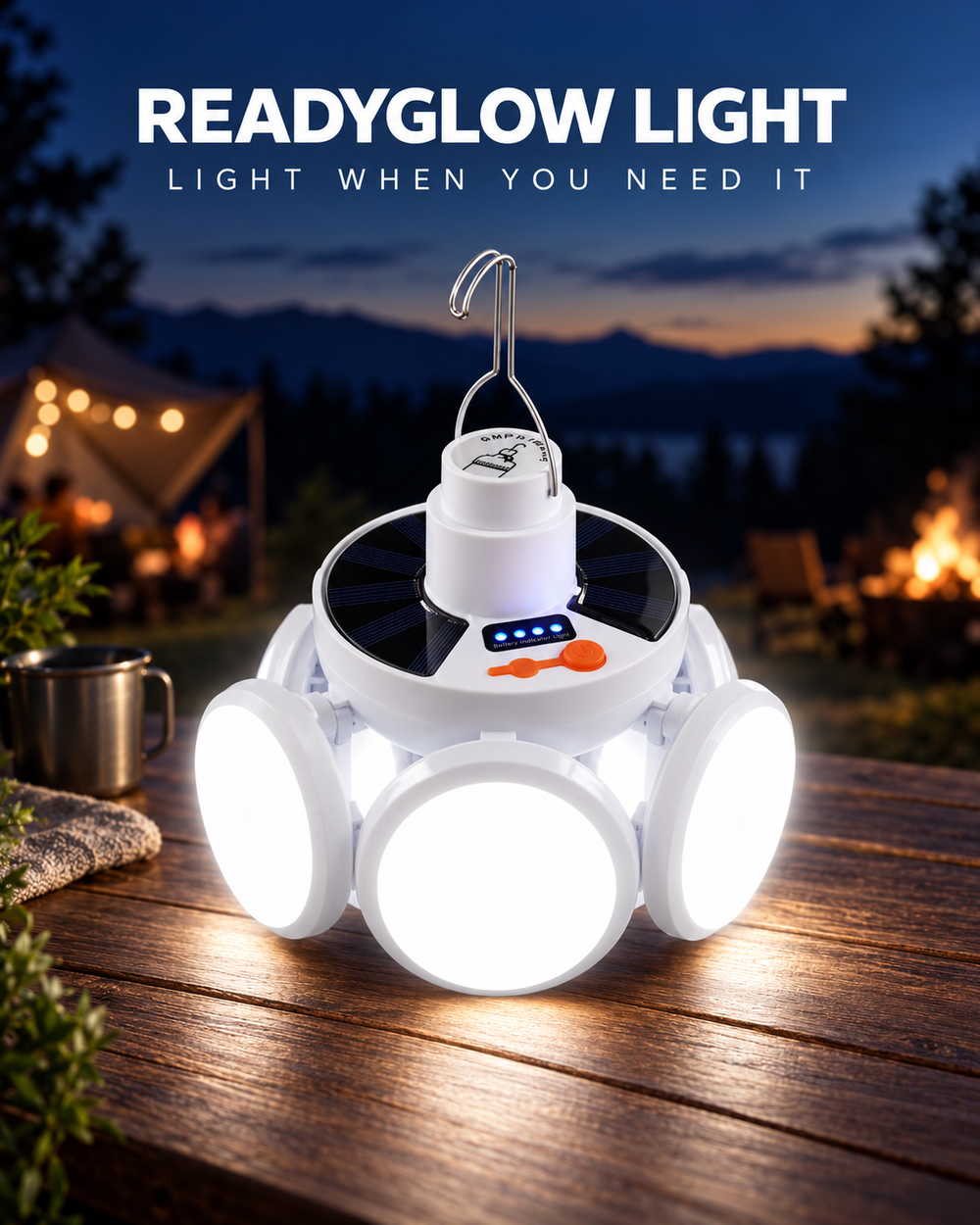 GOMANBY ReadyGlow Light premium product hero showing the foldable solar emergency lantern