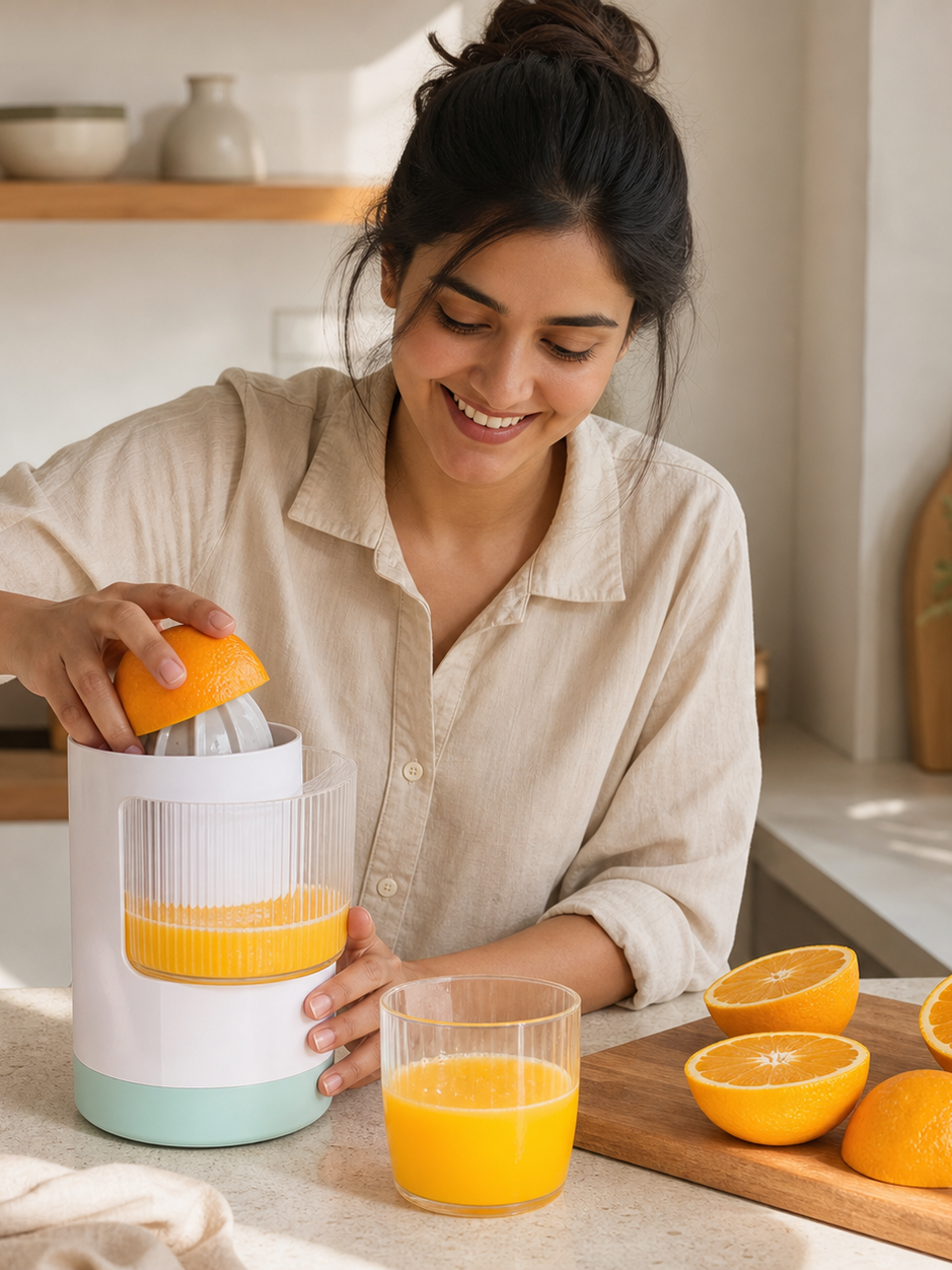 Woman using the GOMANBY USB-C rechargeable citrus juicer to press fresh oranges at breakfast