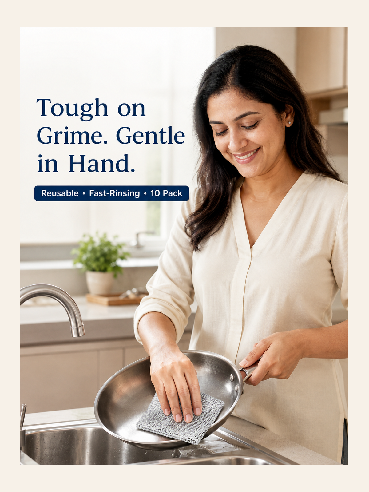 Adult woman using Silver Scrub Cloth in a modern kitchen