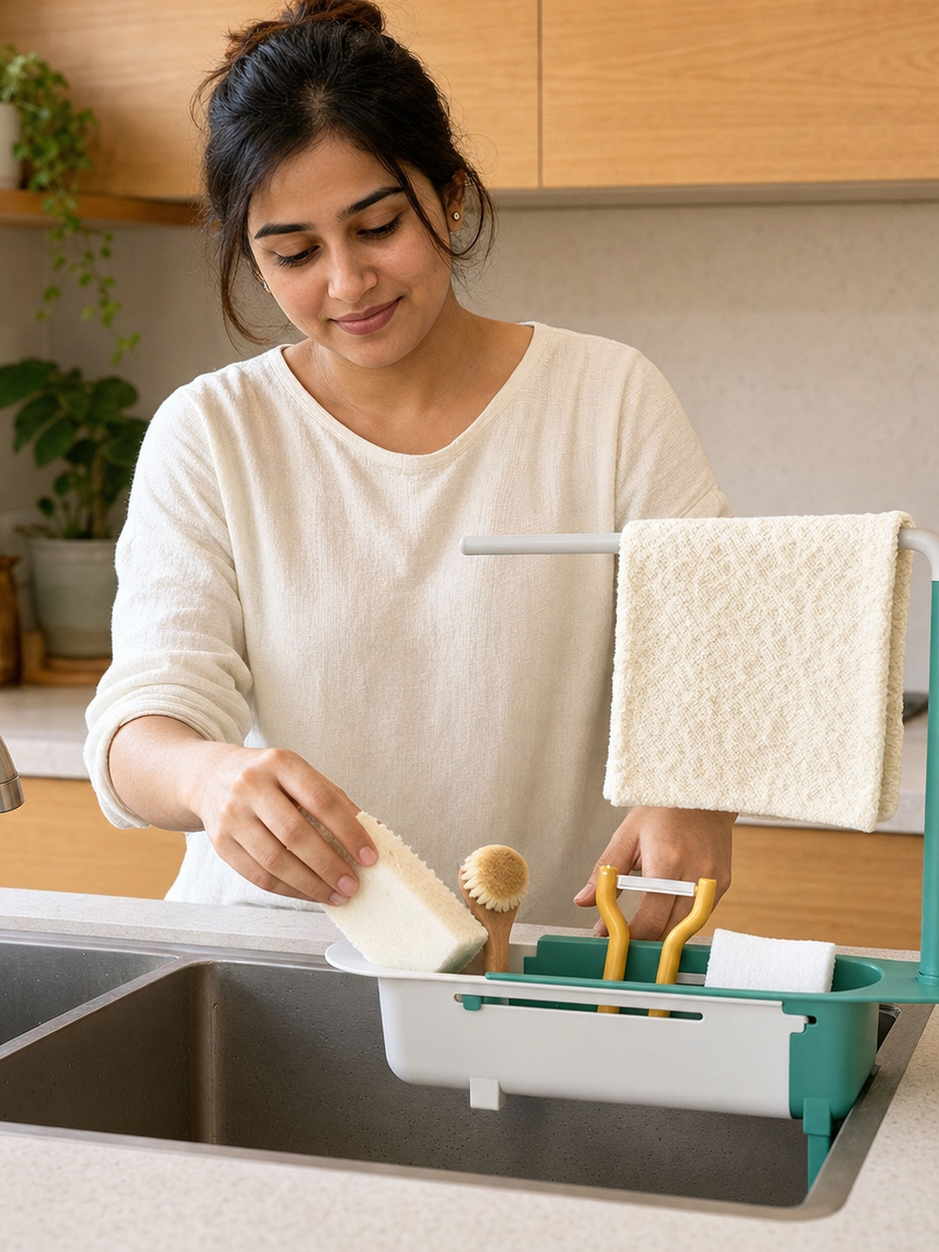 Woman arranging sponges in the GOMANBY expandable over-sink organizer with towel bar