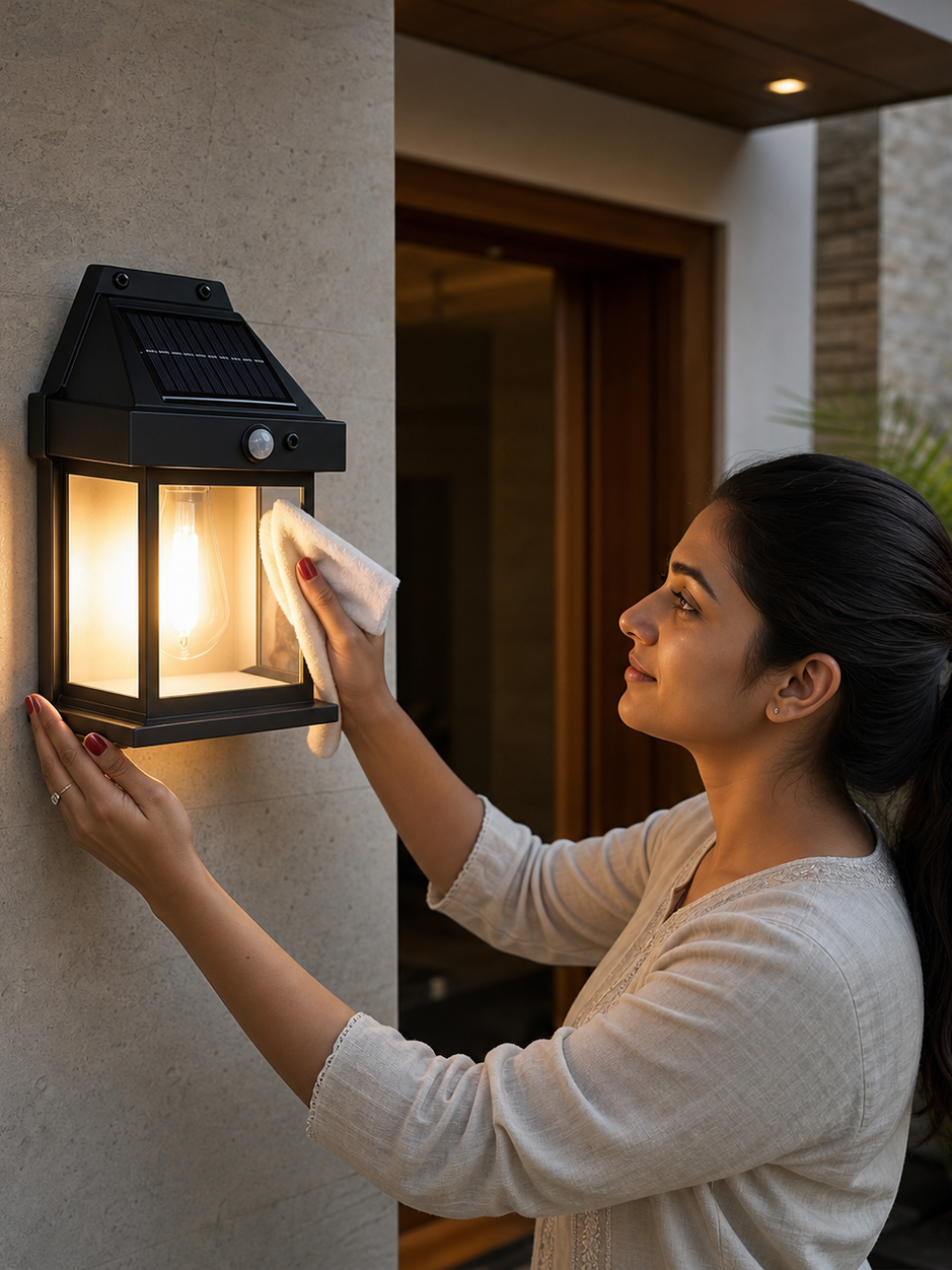 Woman checking the GOMANBY solar motion-sensor wall lamp at a sheltered home entrance