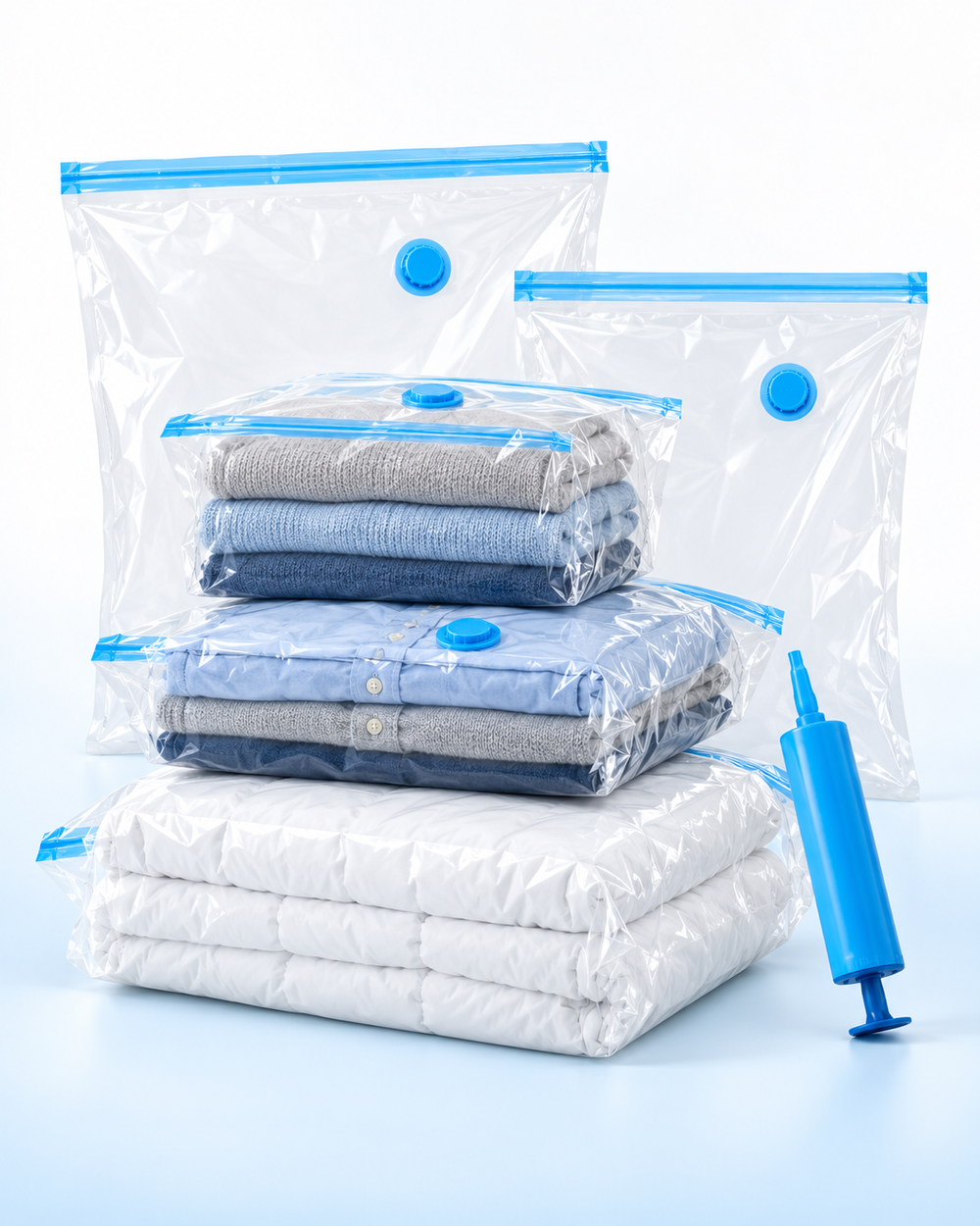 SpaceSeal Set five vacuum bags and blue manual hand pump