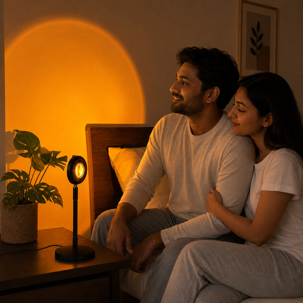 Adult couple enjoying the warm sunset lamp projection in a cozy bedroom