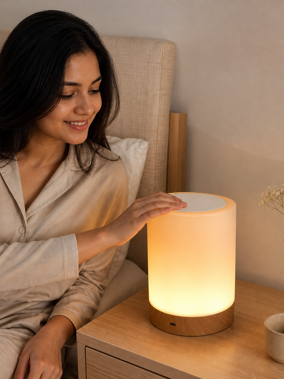 Woman touching the GOMANBY ambient bedside lamp on a warm neutral nightstand