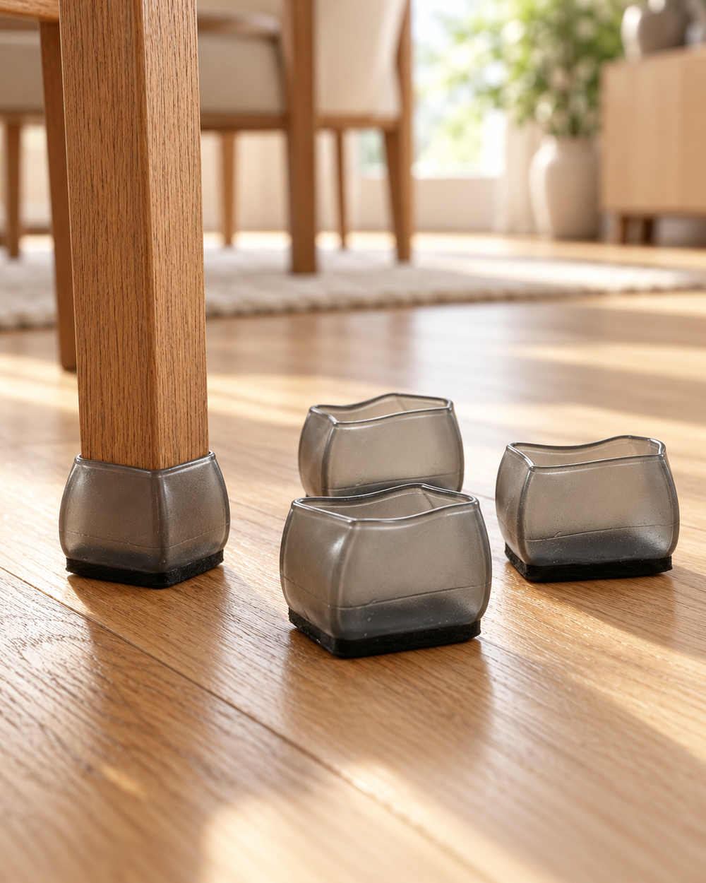 QuietStep Pads premium hero with one pad fitted to a chair leg