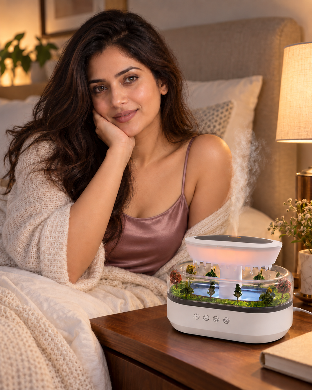 Rain Calm Diffuser with woman in warm bedroom