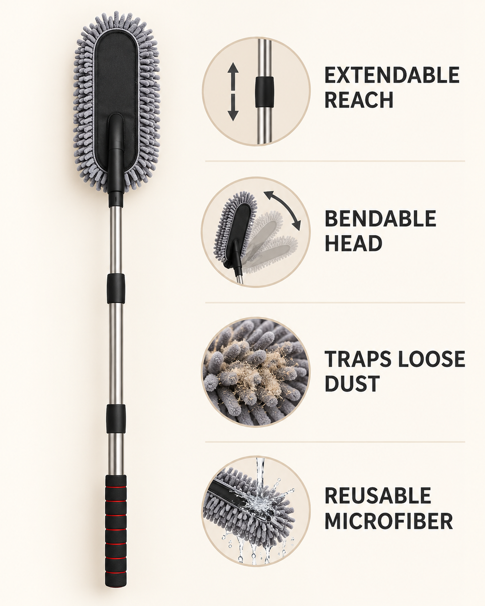 Benefits of the extendable bendable reusable microfiber duster