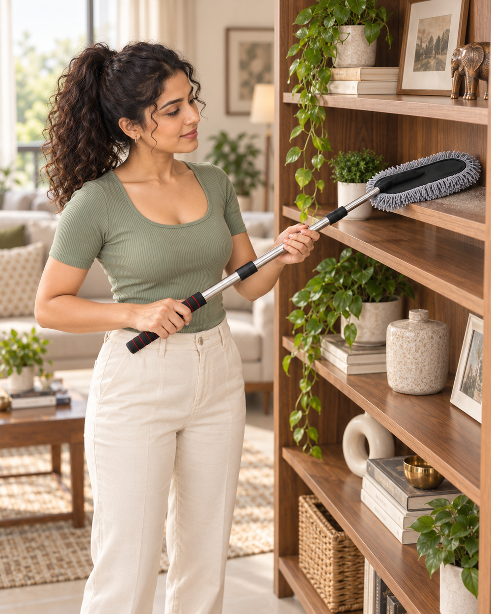 Indian woman using the extendable grey microfiber duster on a high bookshelf