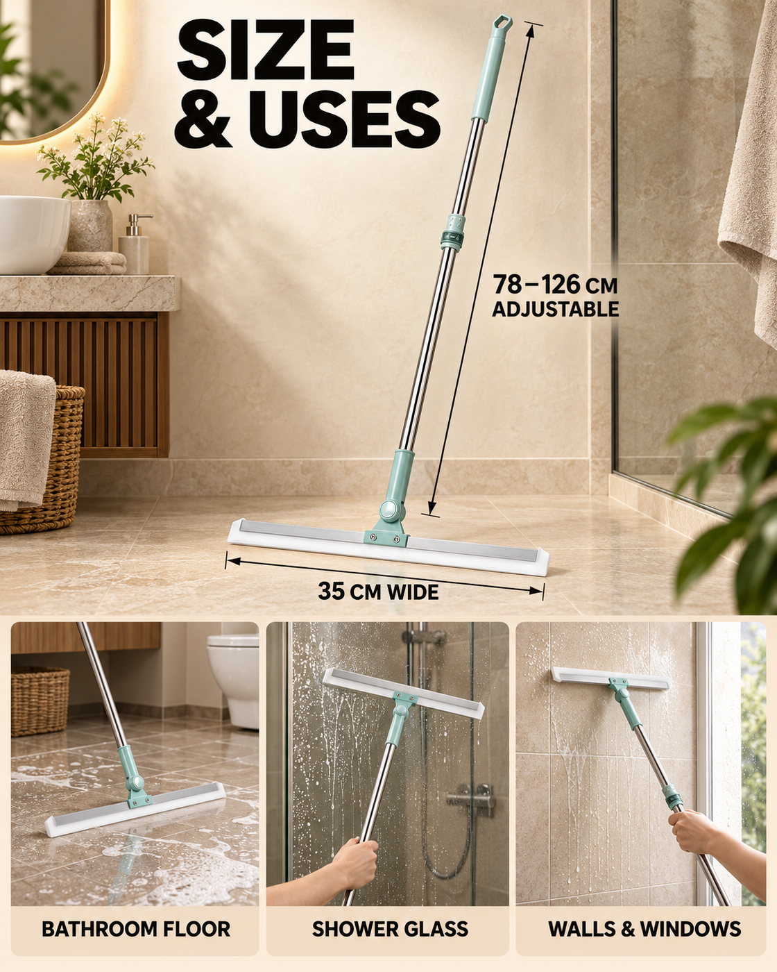 Rotating Bathroom Wiper dimensions and use cases