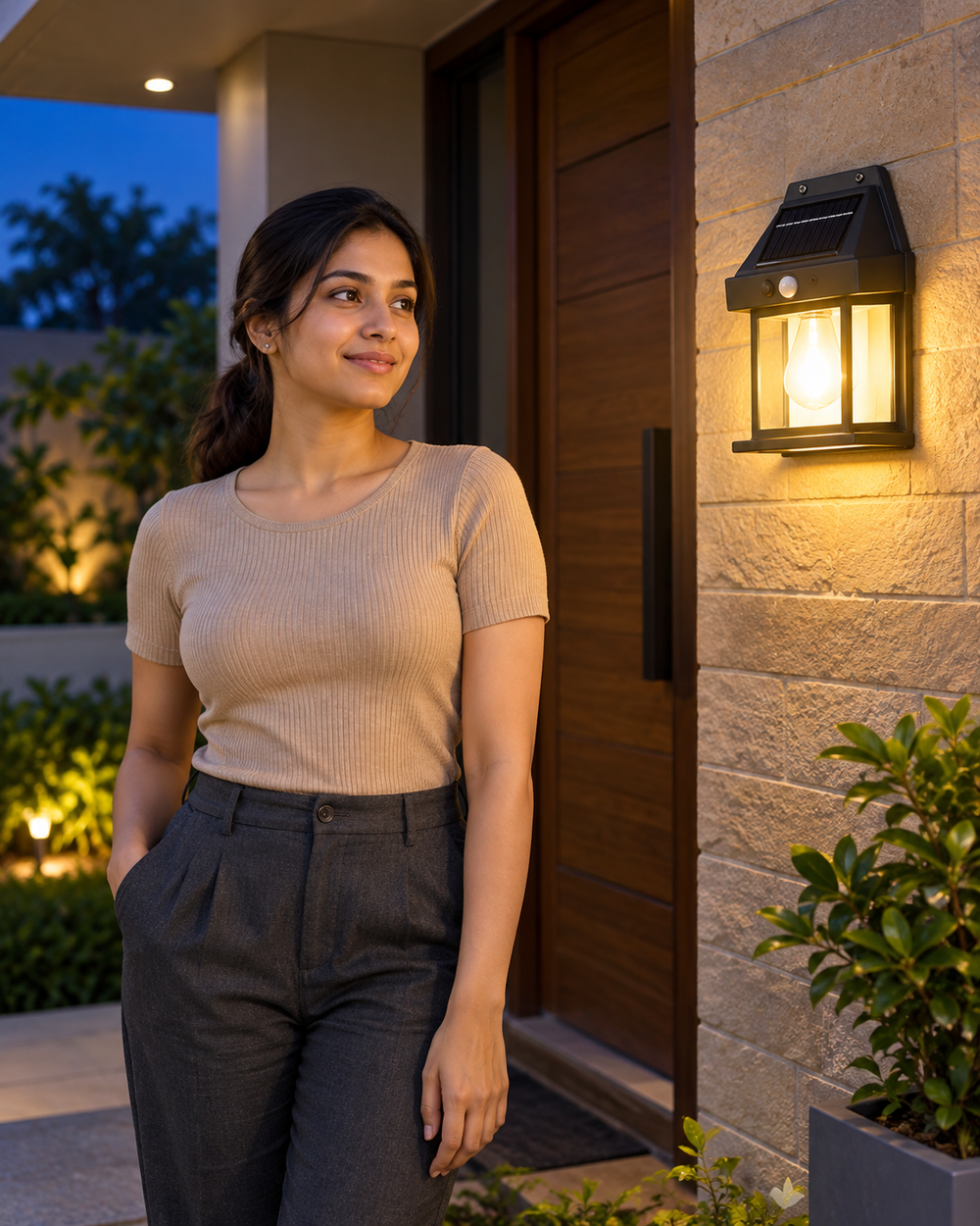 Woman beside the solar motion-sensor wall lamp at dusk