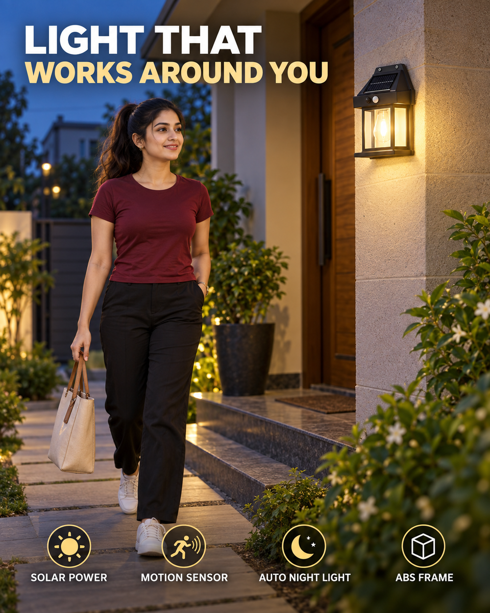 Solar motion-sensor wall lamp lighting a home entrance
