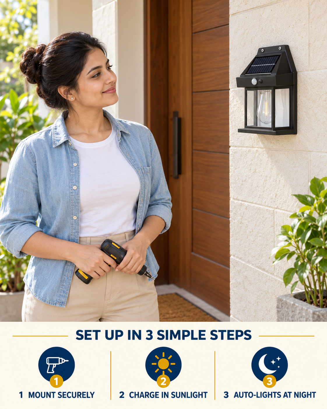 Three-step installation guide for the solar wall lamp