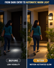 Before and after entrance lighting with the solar motion-sensor lamp
