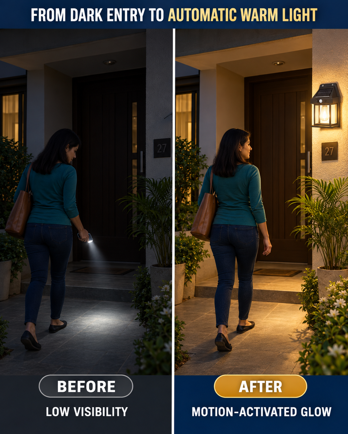 Before and after entrance lighting with the solar motion-sensor lamp