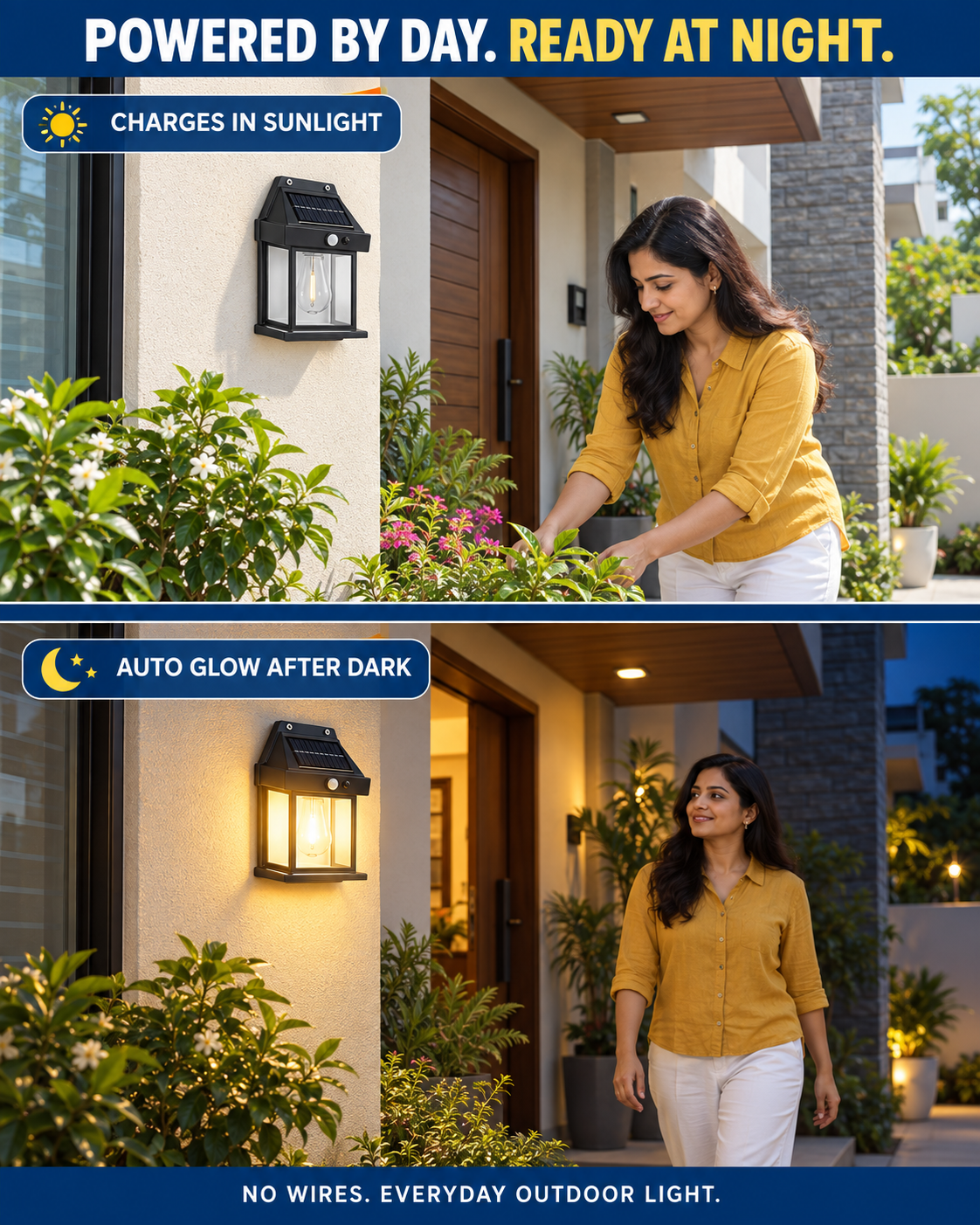 Solar wall lamp charging by day and glowing after dark