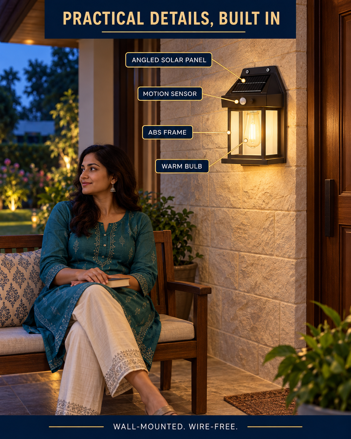Smart Path Light solar panel motion sensor frame and bulb details