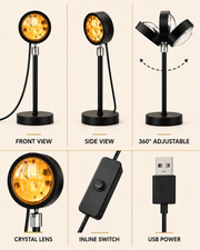 Sunset lamp angles, crystal lens, inline switch and USB power details